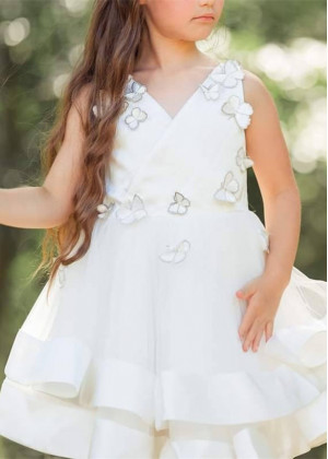 Ivory Satin Tulle 3D Butterflies Flower Girl Dress Ivory Satin Tulle 3D Butterflies Flower Girl Dress